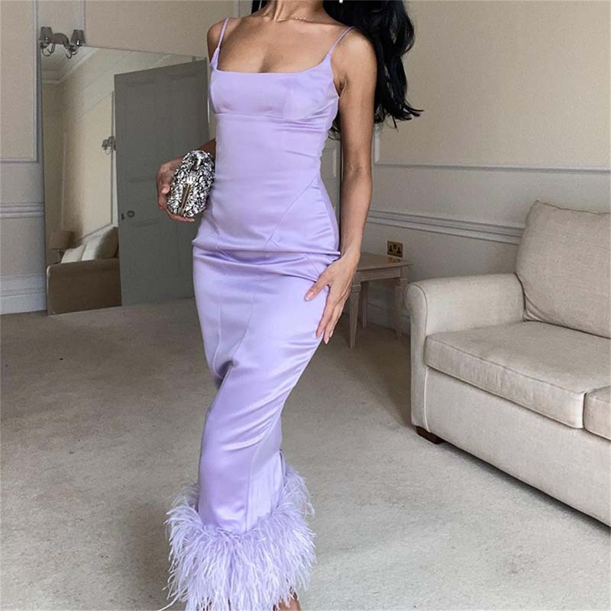 Women's Solid Color Patchwork Feather Satin halter dress Spaghetti Straps Cowl Neck Sexy Midi Dress