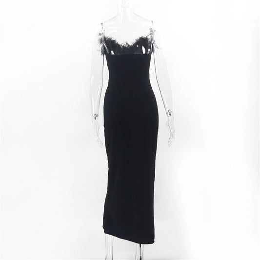 Women's Strapless Dresses with Feather Neck Slim Fit Evening Party Dress